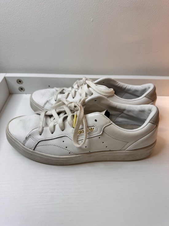 adidas Shoes - adidas White Sneakers with Gold Logo Accent
